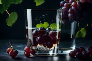 grapes in a glass with water on a dark background. AI-Generated photo