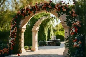 an archway with flowers and greenery. AI-Generated photo