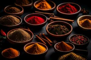 various spices and herbs in bowls on a black background. AI-Generated photo