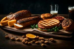 un de madera corte tablero con sándwiches, un pan y leche. generado por ai foto