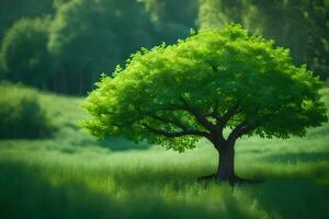 a single tree in a green field. AI-Generated photo