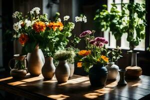 flowers in vases on a table. AI-Generated photo