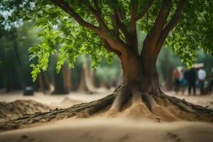 a tree with roots growing out of the sand. AI-Generated photo