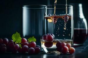 wine pouring into a glass with grapes. AI-Generated photo