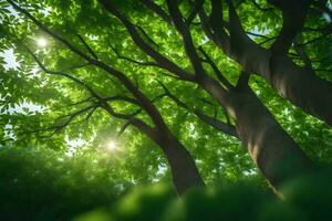 the sun shines through the trees in this 3d animation. AI-Generated photo