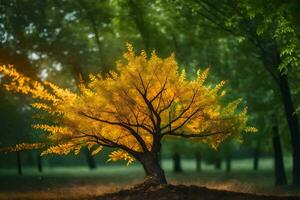 un soltero árbol en el medio de un campo. generado por ai foto