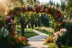 a walkway with flowers and a archway. AI-Generated photo