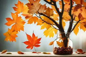 otoño hojas en un florero con bayas en un mesa. generado por ai foto