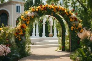 a wedding arch decorated with flowers and greenery. AI-Generated photo