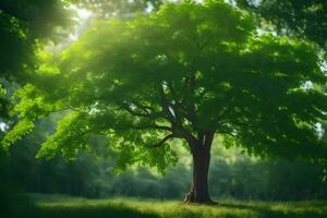 a tree in the middle of a green field. AI-Generated photo