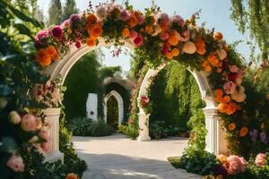 a wedding arch with flowers and greenery. AI-Generated photo