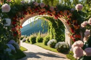 a walkway with flowers and greenery in the background. AI-Generated photo