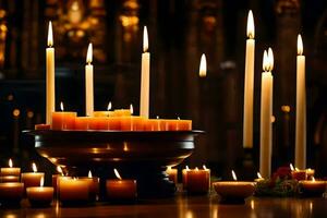 candles are lit in a church with candles. AI-Generated photo