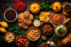 various foods are arranged in bowls on a table. AI-Generated photo