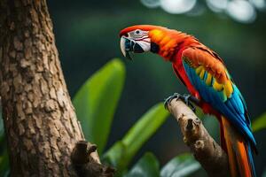 a colorful parrot sits on a branch. AI-Generated photo