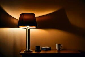 a lamp on a table in a dark room. AI-Generated photo