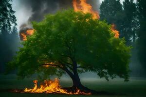 a tree with flames coming out of it in the middle of a field. AI-Generated photo