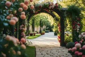 an archway with flowers and greenery. AI-Generated photo