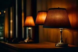 a table lamp is sitting on a table in front of a window. AI-Generated photo