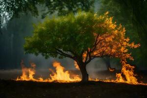 a tree is burning in the middle of a field. AI-Generated photo