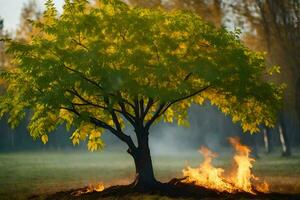 un árbol con llamas y fumar viniendo desde él. generado por ai foto