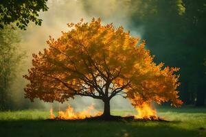 un árbol con llamas viniendo fuera de eso en el medio de un campo. generado por ai foto