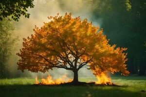 a tree with flames coming out of it in the middle of a field. AI-Generated photo