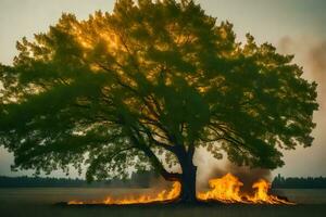 a tree is burning in the middle of a field. AI-Generated photo