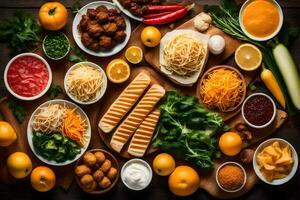 various types of food are arranged on a table. AI-Generated photo