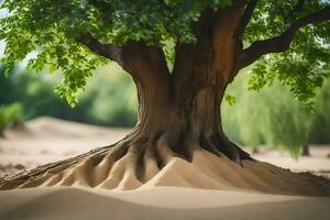 a tree with roots in the sand. AI-Generated photo