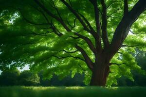 a large tree in the middle of a green field. AI-Generated photo