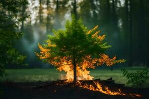 a tree is burning in the middle of a forest. AI-Generated photo
