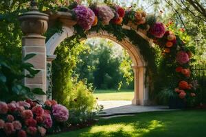 an archway with flowers and greenery in the background. AI-Generated photo