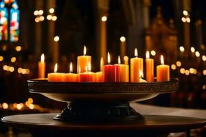 candles are lit in a church with candles in the background. AI-Generated photo