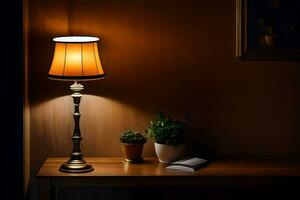 a lamp on a table in a dark room. AI-Generated photo