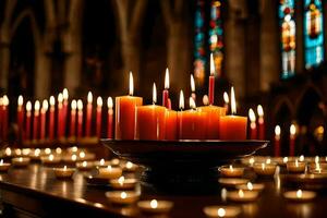 velas son iluminado en un Iglesia con velas generado por ai foto