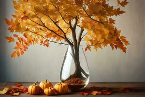 a vase with a tree and pumpkins in it. AI-Generated photo