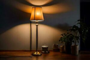 a lamp on a wooden floor in a dark room. AI-Generated photo