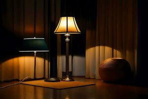 two lamps sit on a table in front of a curtain. AI-Generated photo