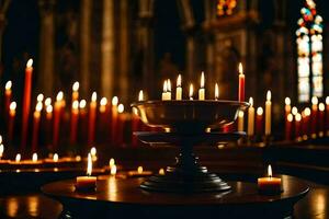 candles are lit in a church with candles. AI-Generated photo