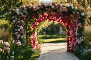 a walkway with flowers and greenery. AI-Generated photo