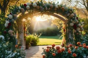 puesta de sol a un Boda ceremonia en el jardín. generado por ai foto