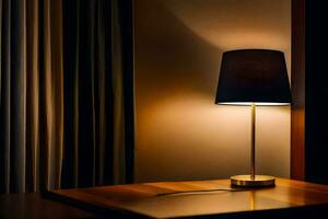 a table lamp is on a wooden table in front of curtains. AI-Generated photo