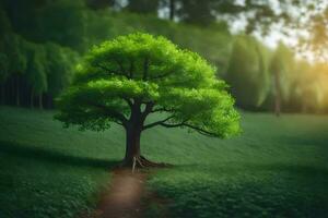 un árbol es en pie en el medio de un campo. generado por ai foto