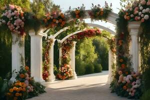 a wedding archway with flowers and greenery. AI-Generated photo