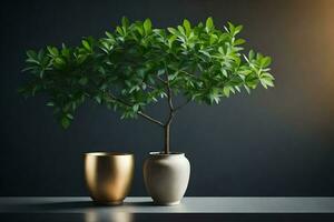 a golden vase with a tree in it. AI-Generated photo