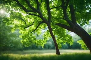 a tree in the middle of a field with green leaves. AI-Generated photo