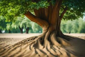 a tree with roots in the sand. AI-Generated photo