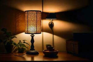 a lamp is on a table next to a plant. AI-Generated photo