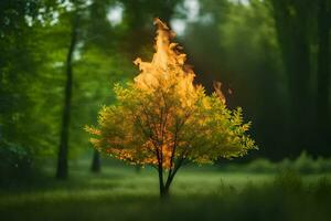 a tree with flames coming out of it in the middle of a field. AI-Generated photo